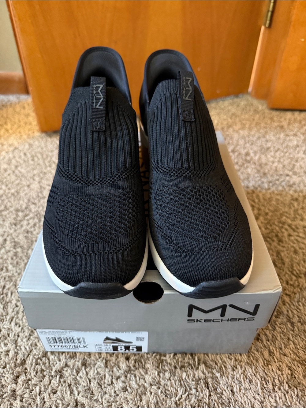 Skechers Black Slip-On Knit Platform Sneakers with Gold Heel Accent - Picture 2 of 6